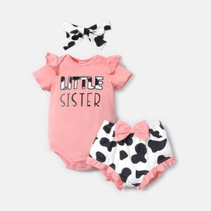 3pcs Baby Girl Cotton Short-sleeve Letter Graphic Romper and Cow Print Naia™ Shorts & Headband Set