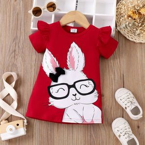 Baby Girl Rabbit Print Flutter-sleeve T-shirt Dress