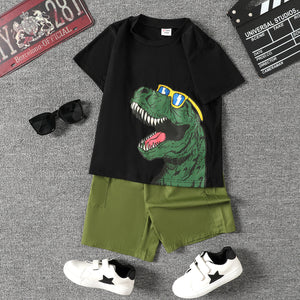 2pcs Kid Boy Dinosaur Print Short-sleeve Tee and Pocket Design Shorts Set