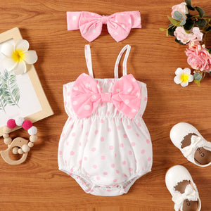 2pcs Baby Girl Polka Dots Print Bow Front Cami Romper & Headband Set