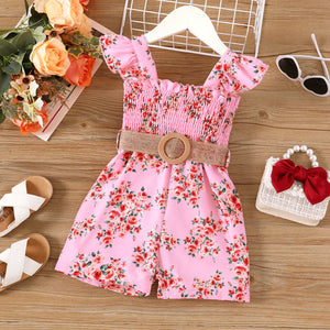 2pcs Toddler Girl Sweet Floral Print Smocked Sleeveless Rompers and Belt