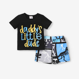 2pcs Baby Boy Cotton Short-sleeve Letter Graphic Tee and Dinosaur Print Shorts Set