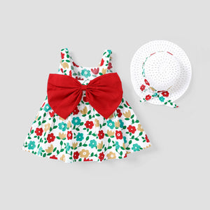 2pcs Floral Print Bowknot Sleeveless Baby Dress & Hat Set