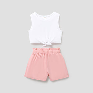 2pcs Kid Girl Tie Knot Sleeveless Tee and Elasticized Paperbag Shorts Set