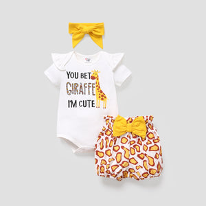 3pcs Baby Girl Cotton Short-sleeve Giraffe & Letter Graphic Romper and Bow Front Naia™ Bloomer Shorts & Headband Set