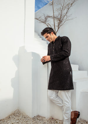 CK 720 Black ChickanKari Kurta Pajama For Men