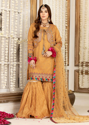 FOUR PIECE STITCHED MUSTARD GHARARA OUTFIT