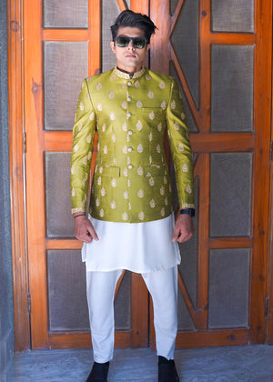 Mehendi Green Raw Silk Embroidered Prince Coat