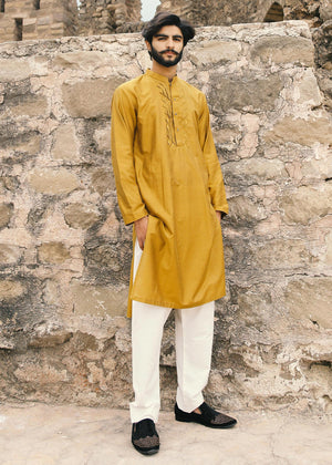 Zar - Mustard Cotton Silk  Kurta Set