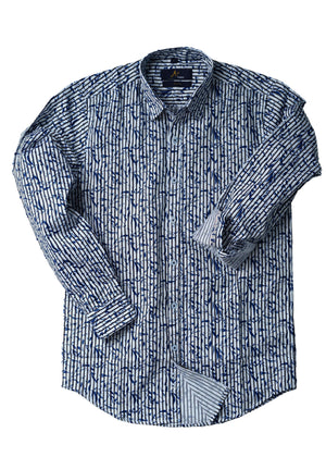 Blue Stripe Leaf Printed Pattern Casual Shirt - Aruba+ Super | Slim Fit