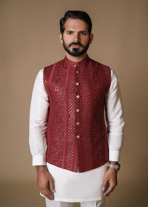 MAROON EMBROIDERY WAISTCOAT