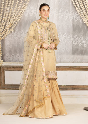 FOUR PIECE STITCHED BEIGE GHARARA OUTFIT