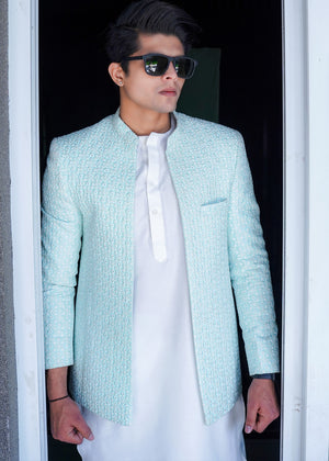 Powder Blue Embroidered Fabric Prince Coat