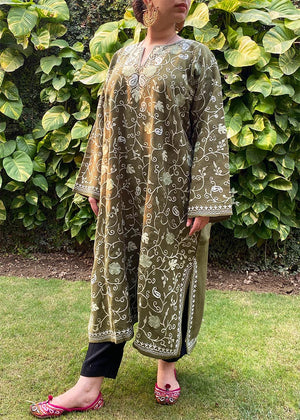 Kashmiri Pheran (Shirt / Kurta) Olive Green with Light Olive Green Embroidery