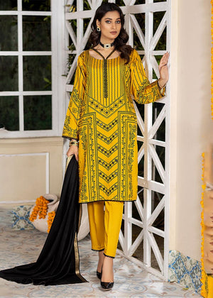 Mustard Embroidered Viscose Suit -2553