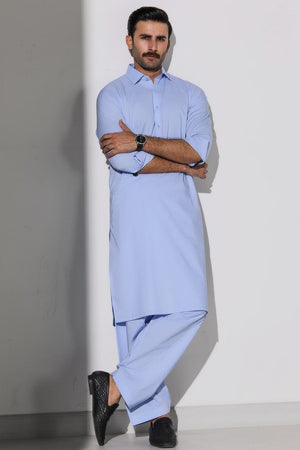 Light Blue Blended Casual Shalwar Kameez For Men