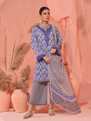 2Pc Embroidered Pret Shirt Dupatta Lawn Grey & Blue - OWE2P-2401046