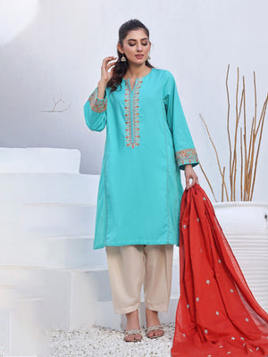 2Pc Embroidered Pret Shirt Dupatta Jacquard Aqua Green - OWE2PG-2310033