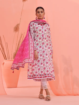 2Pc Printed Pret Shirt Dupatta Lawn White & Pink - OW2P-2401021