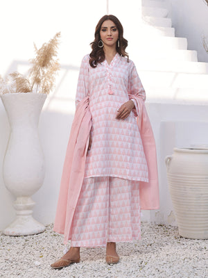 3Pc Printed Suit Pret Lawn White & Pink - OW3PG-2310014