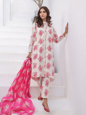 3Pc Printed Suit Pret Cotton Off White & Pink - OW3PG-2310026