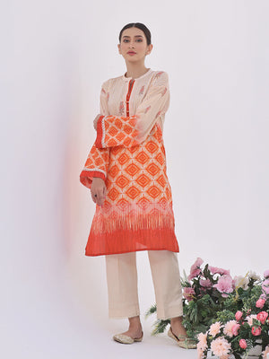 1Pc Printed Pret Kurti Lawn Orange - OWKT-2401001