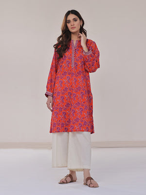 1Pc Printed Pret Kurti Lawn Orange - OWKT-2401008