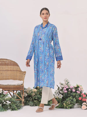 1Pc Printed Pret Kurti Lawn Blue - OWKT-2401009