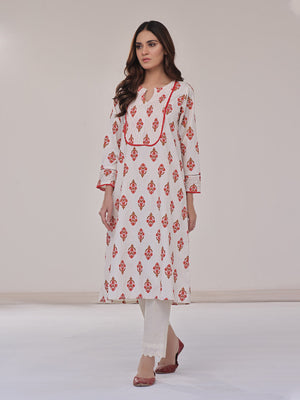 1Pc Printed Pret Kurti Lawn Off White - OWKTG-2310029-1