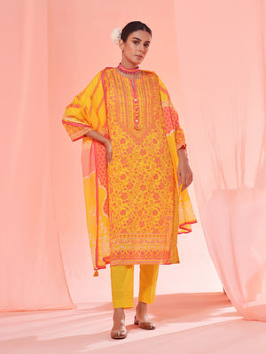 3Pc Printed Unstitched Lawn Yellow - OL3P-6151-A