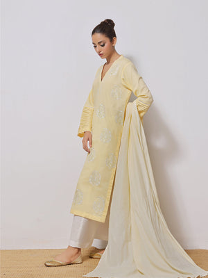 2Pc Embroidered Pret Shirt Dupatta Dobby Yellow - OWE2PG-2310021