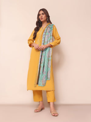 3Pc Embroidered Suit Pret Lawn Mustard - OWE3PG-2306021