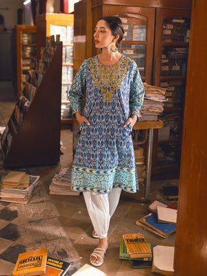 1Pc Embroidered Pret Kurti Lawn Blue - OWEKT-2302030