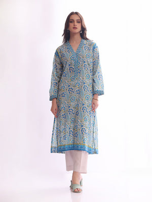 1Pc Embroidered Pret Kurti Lawn White & Blue - OWEKT-2304030