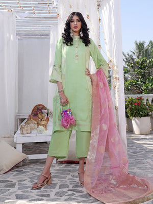 3Pc Formal Suit Pret Raw Silk Green - OW3P-2207025