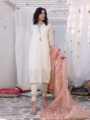 3Pc Formal Suit Pret Raw Silk Off White - OW3P-2207026