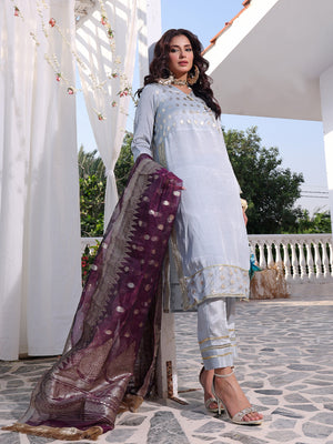 3Pc Formal Suit Pret Raw Silk Grey - OW3P-2207027