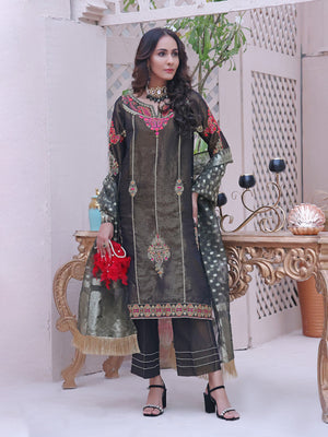 2Pc Embroidered Pret Shirt Dupatta Masoori Dark Brown - OWE2P-2209001