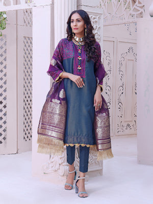 2Pc Embroidered Pret Shirt Dupatta Masoori Navy Blue - OWE2P-2209002