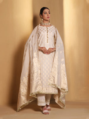 3Pc Embroidered Suit Pret Jacquard Cream - OWE3P-2303001