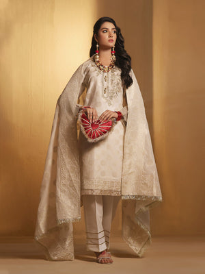 3Pc Embroidered Suit Pret Jacquard Cream - OWE3P-2303002