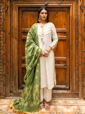 3Pc Embroidered Suit Pret Jacquard Cream - OWE3P-2303007