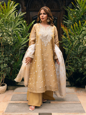 3Pc Embroidered Suit Pret Zari Golden - OWE3P-2303027