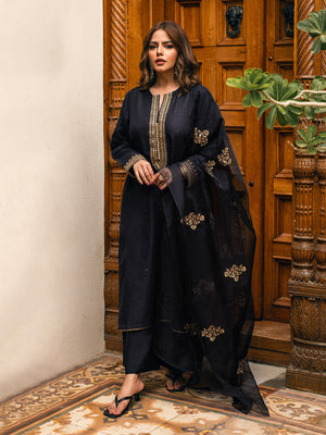 3Pc Embroidered Suit Pret Dobby Black - OWE3P-2303030