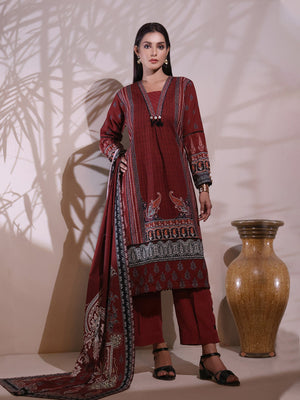 2Pc Printed Pret Shirt Dupatta Khaddar Maroon - OWK2P-2209015