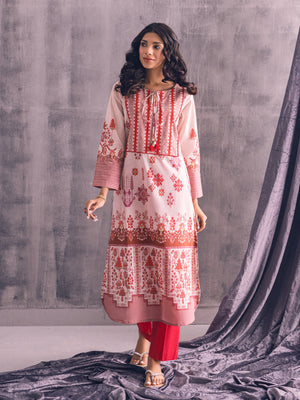 1Pc Printed Pret Kurti Lawn Red - OWKT-2301001