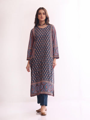 1Pc Printed Pret Kurti Lawn Dark Blue - OWKT-2304015