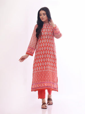 1Pc Printed Pret Kurti Lawn Orange - OWKT-2304016