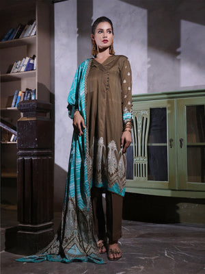 2Pc Printed Pret Shirt Dupatta Linen Brown - OWL2P-2209019