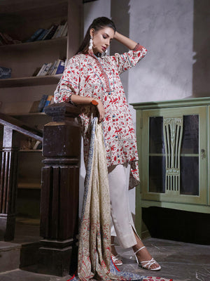 2Pc Printed Pret Shirt Dupatta Linen Off White & Red - OWL2P-2209022